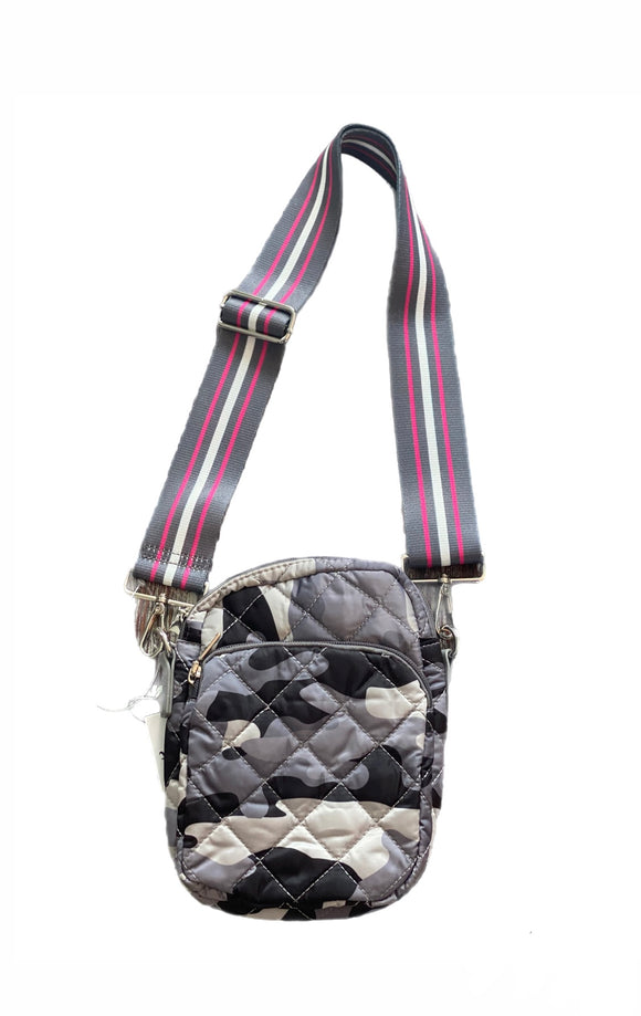 Grey Camo Quilted Phone Crossbody Bag